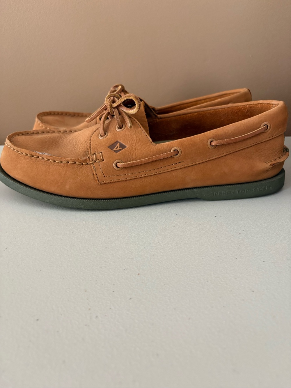 Men's SPERRY Top Sider brown leather boat shoes green accents 12 W